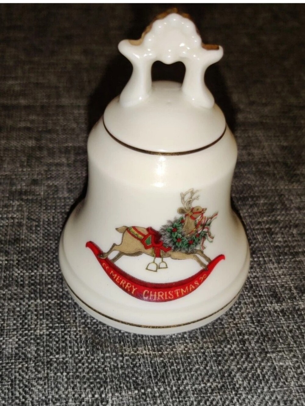 VTG Merry Christmas Porcelain Bell w/ Rocking Reindeer Deer Made in Japan 3.5"